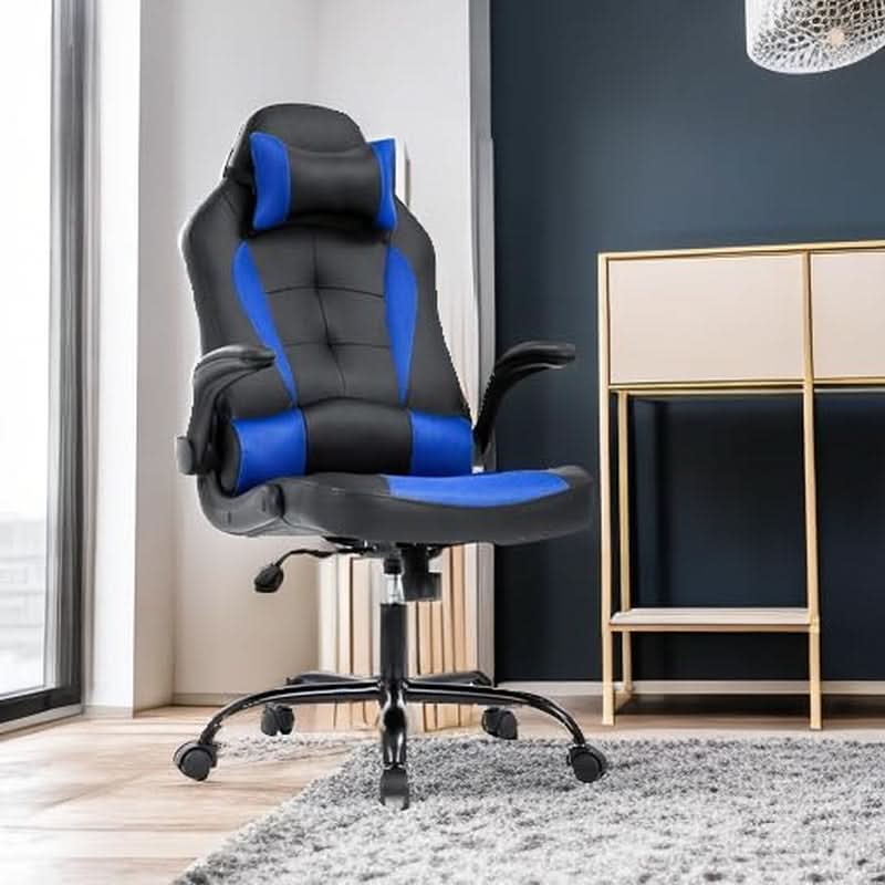 Blue PU Leather Ergonomic Gaming Chair With Lumbar Support