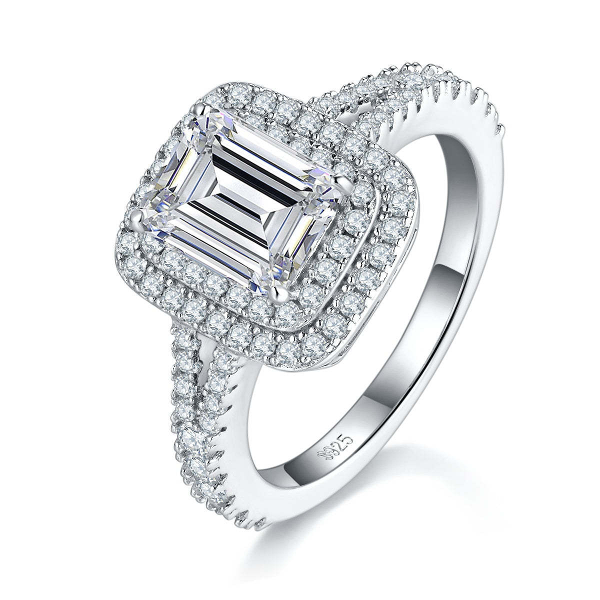 3 Carat Emerald Cut Moissanite Engagement Ring, Double Halo Split Shank S925 Silver Platinum Plated D Color VVS1 With GRA, US 5-9.