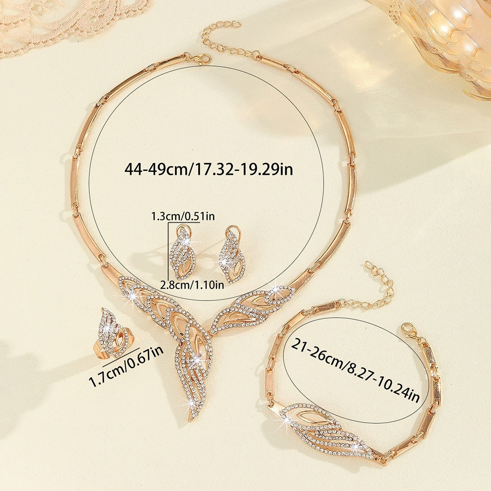 Gold Leaf Diamond-Encrusted Necklace Earrings Ring Bracelet Set