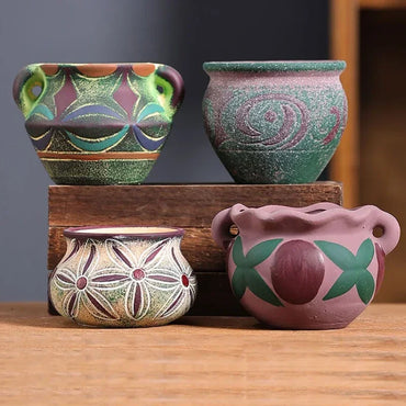 Mediterranean Red Pottery Succulent Pots – Retro Hand-Painted Ceramic