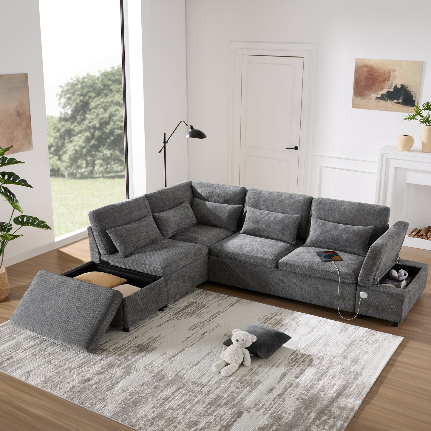 Sofa Bed L-Shape Chenille Gray 6 Seat Pull-Out USB Ports 107 In