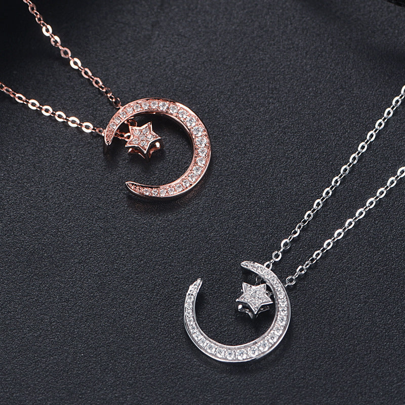 S925 Sterling Silver Star & Moon Necklace, D-VVS1 Moissanite Pave Pendant, Platinum Plated 38&41cm Chain, 1.6g Jewelry Gift Box With GRA Certificate