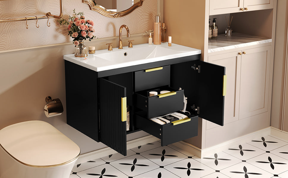 36'' Wall Mounted Bathroom Vanity with Resin Sink and 2 Drawers
