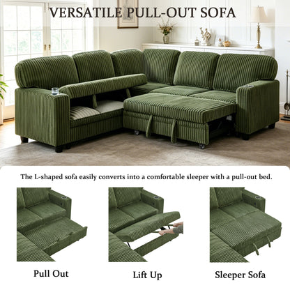 Sofa Bed L-Shape Corduroy Olive Green 5 Seat Pull-Out USB Ports 81 In