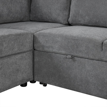 Sectional Sofa U-Shape Chenille Gray 5 Seat USB Ports Pull-Out 109 In