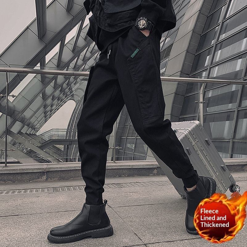 Mens Fleece-Lined Extra-Thick Slim-Fit Cargo Pants With Drawstring Hems