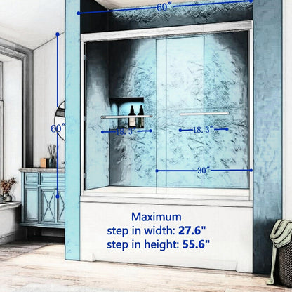 56-60in W x 60in H Double Sliding Tub Shower Door, Chrome Aluminum, 6mm Glass