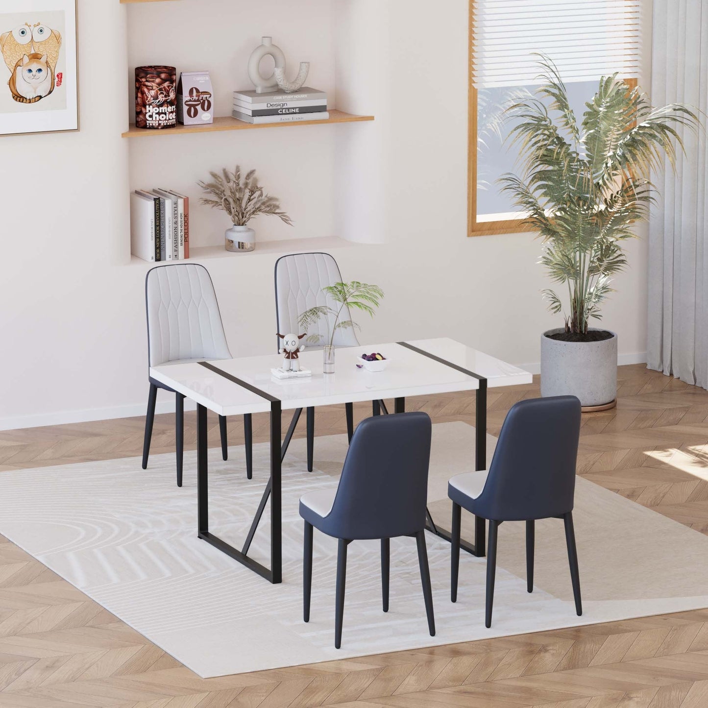 55 '4-person modern MDF dining table set, kitchen black metal leg dining table