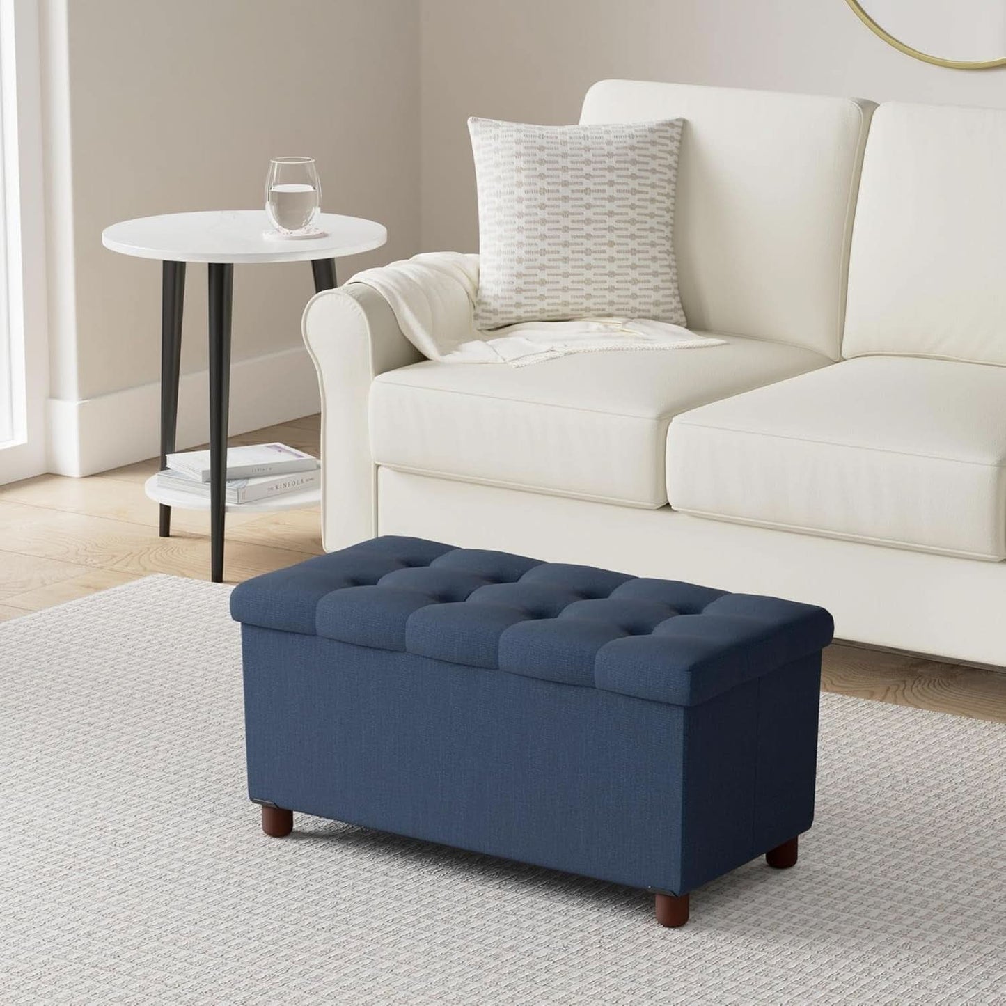 Blue Linen 30-Inch Storage Ottoman Bench Removable Lid