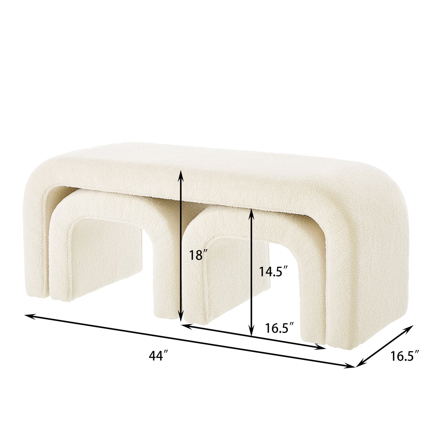 Set of 3 U-Shaped Modern Bench Teddy Ottoman, Cream, 43.5x16.5x19