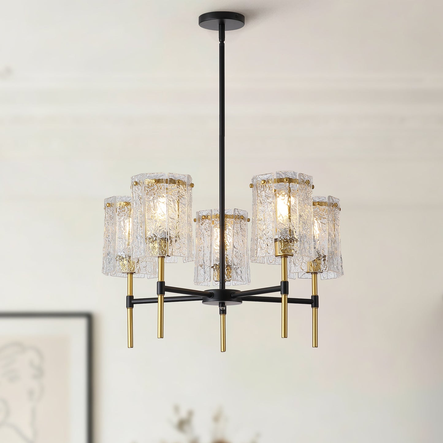 Chandelier 5-Light Black Gold Farmhouse Textured Glass Pendant Modern