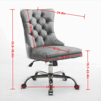 Swivel Office Chair Velvet Black Tufted Button Gold Metal Base 24.8x38.6 In