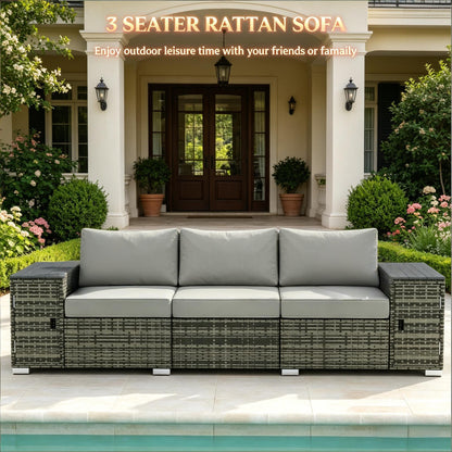 Outdoor Sofa Set Wicker Gray 3 Seat Storage Armrests 794 lb Capacity