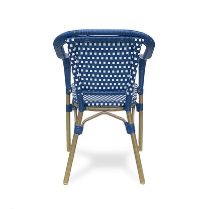 Outdoor Bistro Chair Set of 2, Rattan Wicker Aluminum Frame, White and Navy