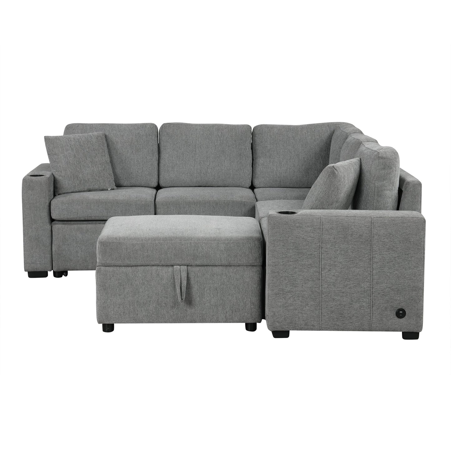 84" Sectional Sofa Convertible Pull-Out USB Gray