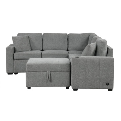84" Sectional Sofa Convertible Pull-Out USB Gray