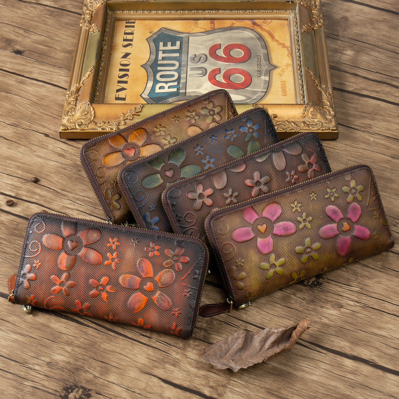 Long Vintage Handcrafted Distressed Zipper Purse Top-Grain Leather Wallet
