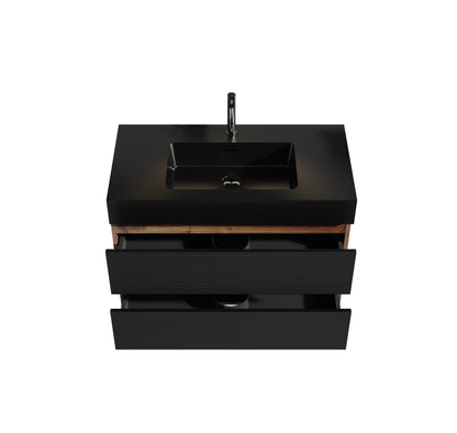 36' Walnut Bathroom Vanity with Matt Black Engineered Quartz Sink Soft Black Drawers