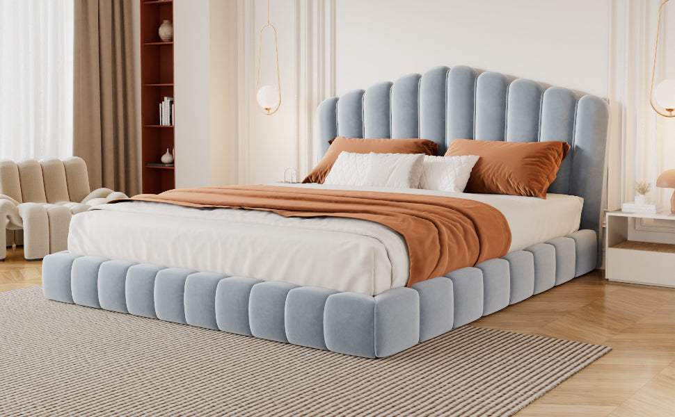 Velvet Upholstered Queen Bed Frame with Shell-Shaped Headboard, Light Blue