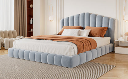 Velvet Upholstered Queen Bed Frame with Shell-Shaped Headboard, Light Blue