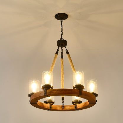 Chandelier Wood Round 6-Light Wagon Wheel Farmhouse Seeded Glass 23.62 In