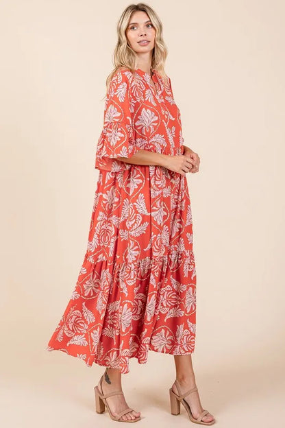 Mittoshop Abstract Leaf Print Tiered Ruffle Dress