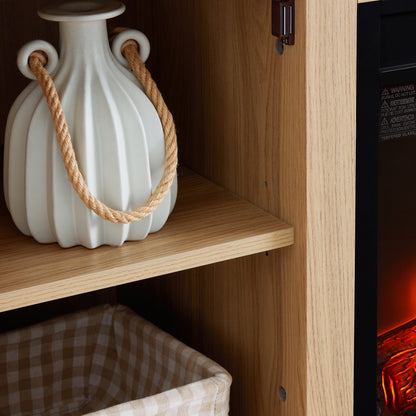 TV Stand Fireplace Light Oak MDF Embossed Doors 1400W Fits 65 In TV 58.27 In