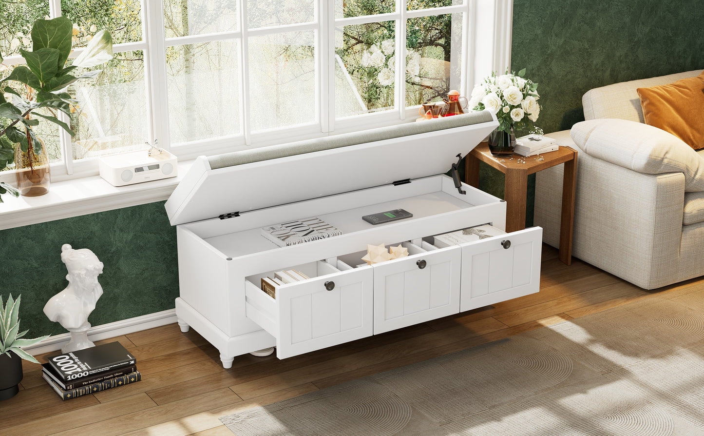 Entry Bench Fluted MDF White Cushioned Seat 3 Drawers 44x16x19