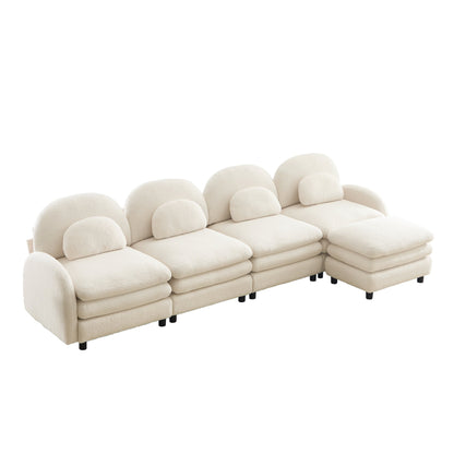 Sectional Sofa Modular Cloud Teddy Beige White 4 Seat Ottoman