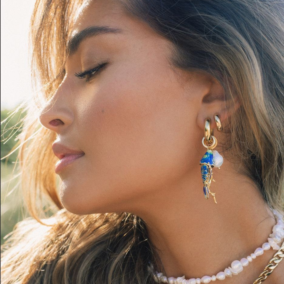 Fashionable Coral Small Fish And Conch Shell Earrings