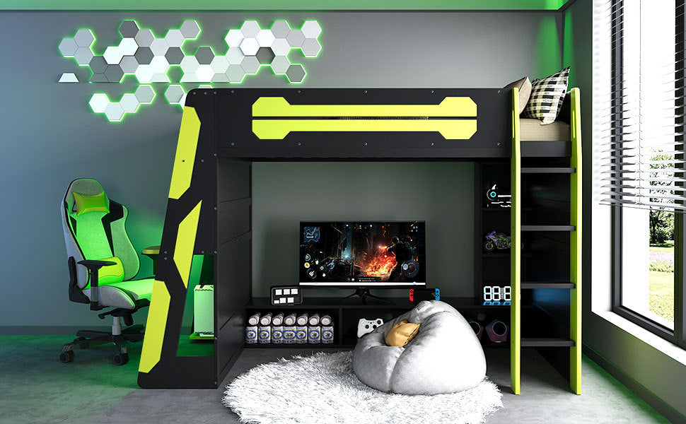 Twin Size Wood Loft Bed with Desk, Multi-storage Shelves and RGB Light, Green