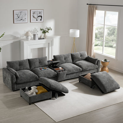 Sectional Sofa U-Shape Chenille Gray 6 Seat USB Console 136 In
