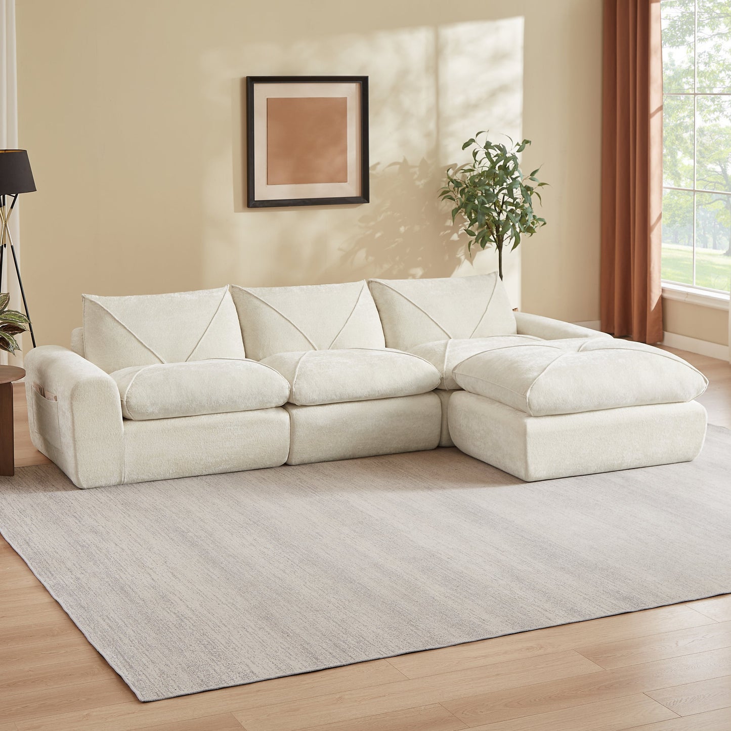 Sofa Modern Chenille Beige 4 Seat with Footrest 119 In