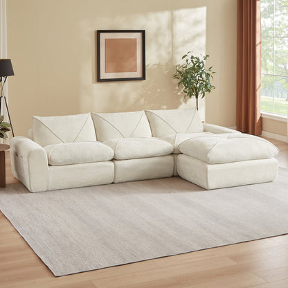 Sofa Modern Chenille Beige 4 Seat with Footrest 119 In