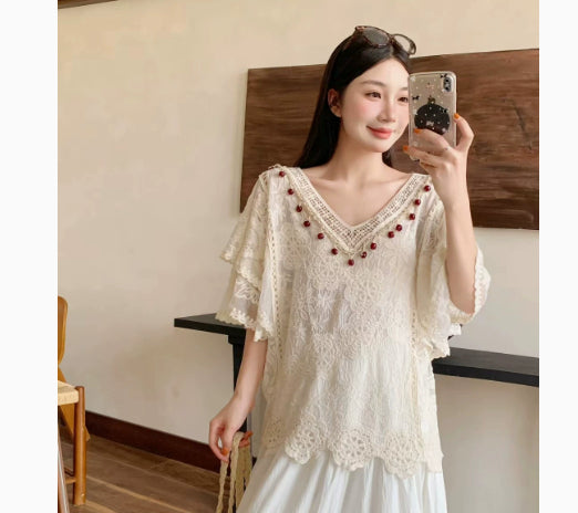 Womens Fashion Embroidered Hollow Lace Short-Sleeve Shirt