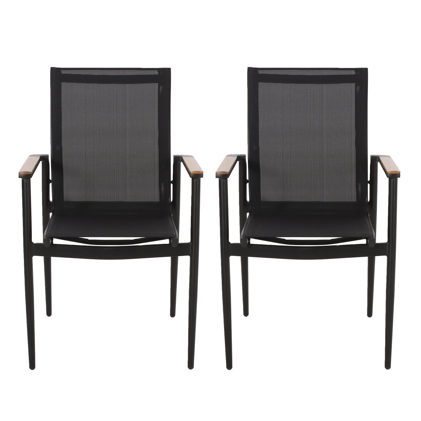 Dining Chair Outdoor Aluminum Mesh Black Natural Faux Wood Accent 22x25x36 In