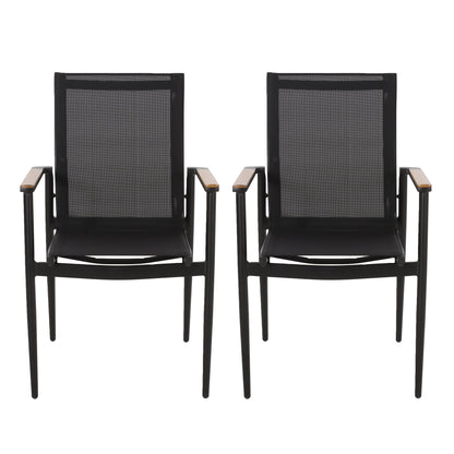 Dining Chair Outdoor Aluminum Mesh Black Natural Faux Wood Accent 22x25x36 In
