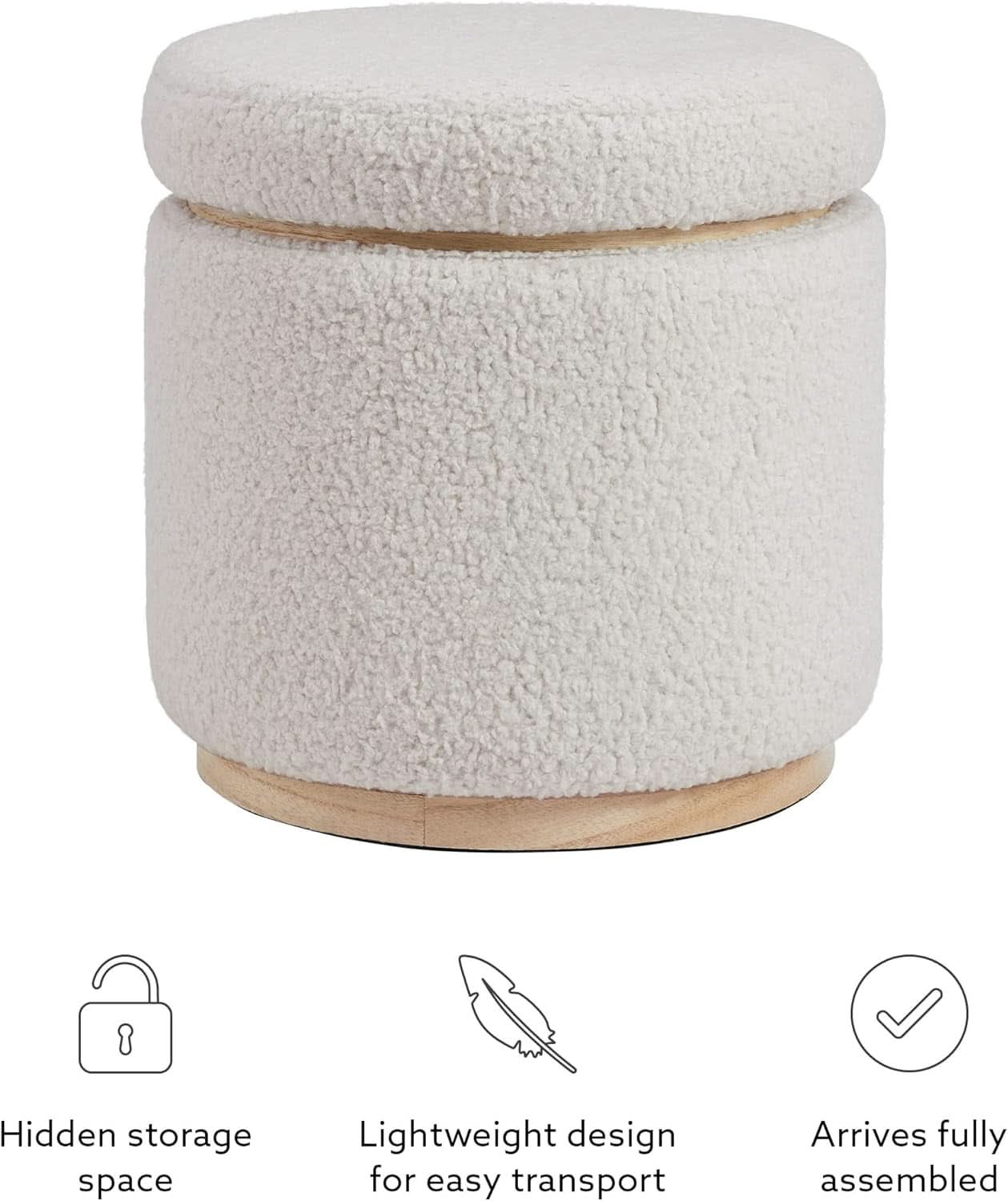 Cream Sherpa Deluxe Storage Ottoman Solidwood Base