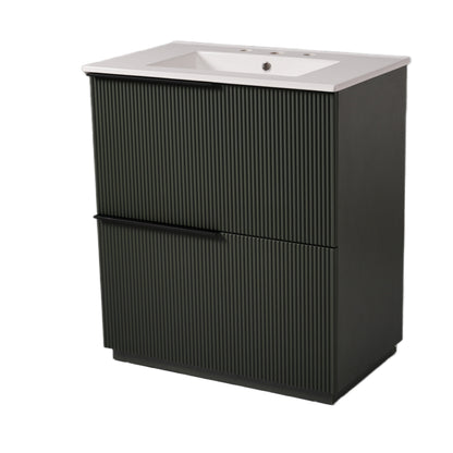 Green Fluted Bathroom Vanity with Ceramic Sink, 30' Full-Extension Drawers, S...