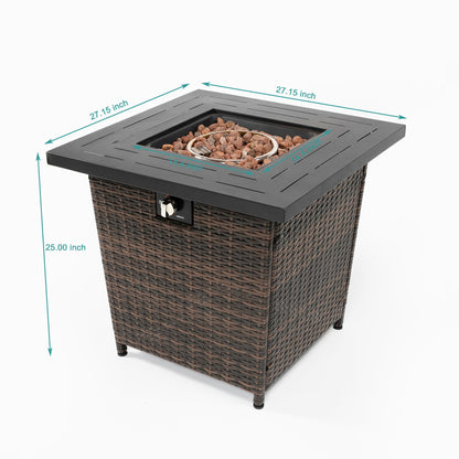 28 Inch Black Wicker Outdoor Propane Gas Fire Pit Table Steel Top 50000 BTU