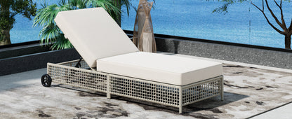 Outdoor Lounge Chair, 5-Position Adjustable Rattan Chaise with Cushion and