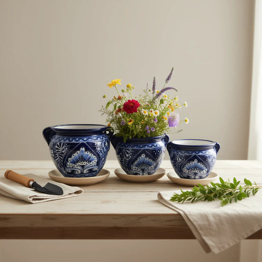 Blue & White Talavera Planter Trio | Hand-Painted Pot Set