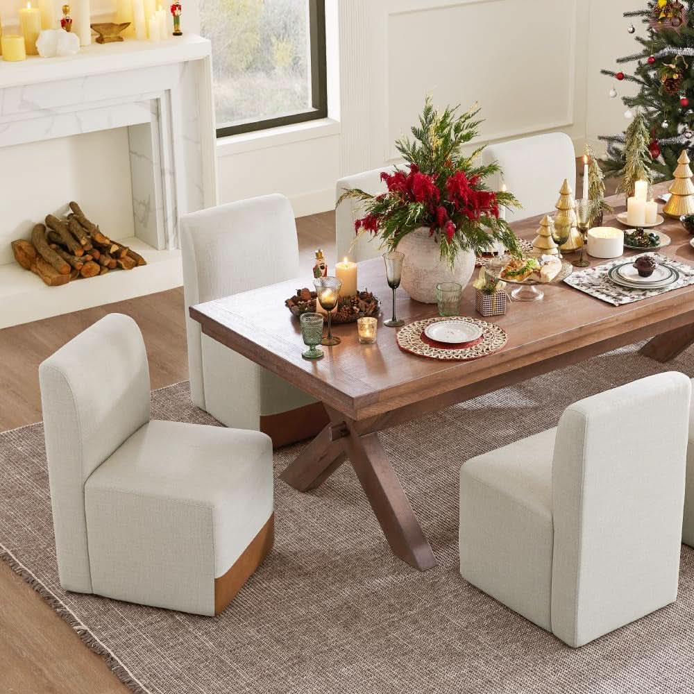 Rolling Dining Chair Set Of 2 With Casters Cognac Linen
