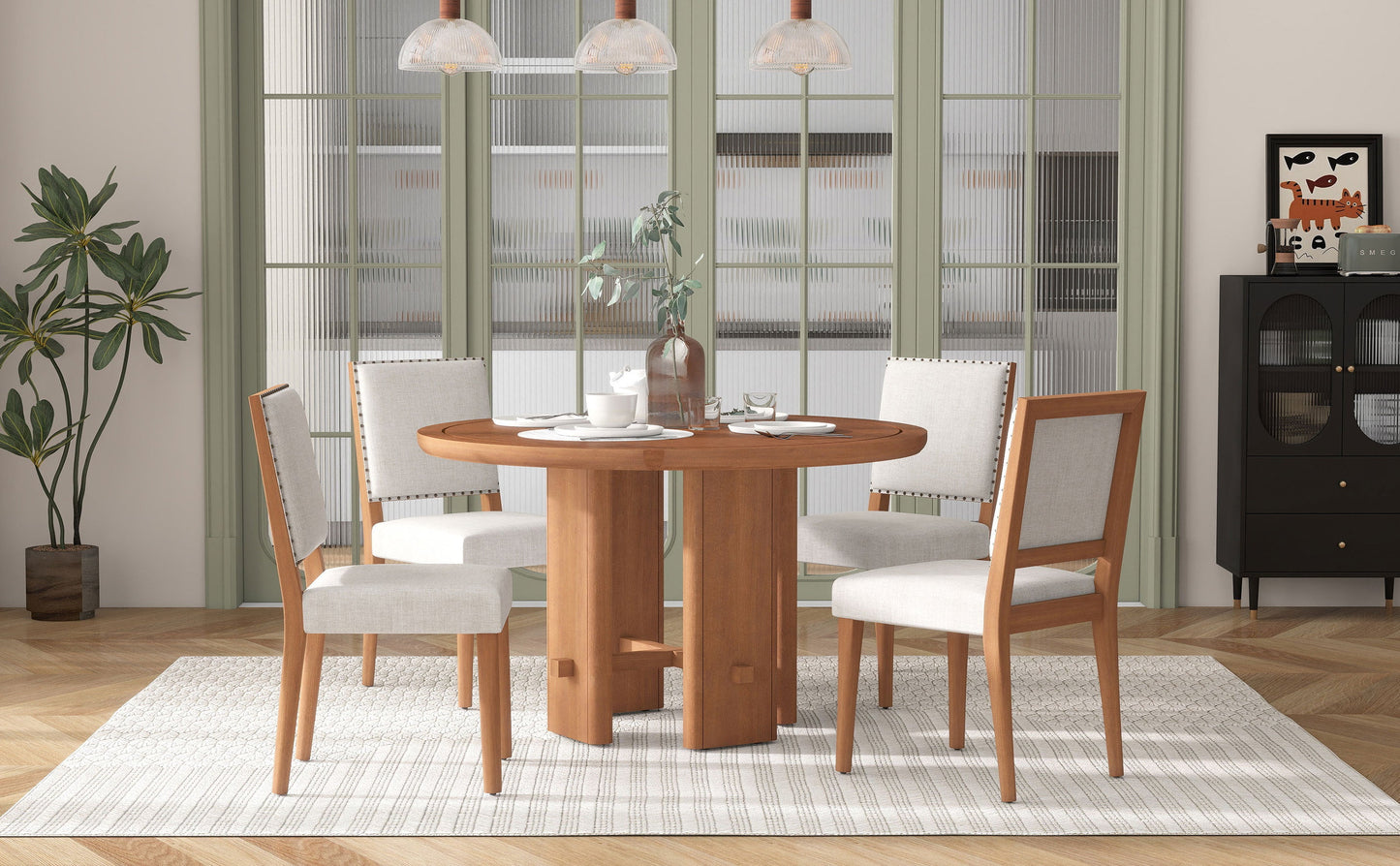5-Piece Round Dining Table Set for 4, Minimalist Farmhouse Dining Table with 4
