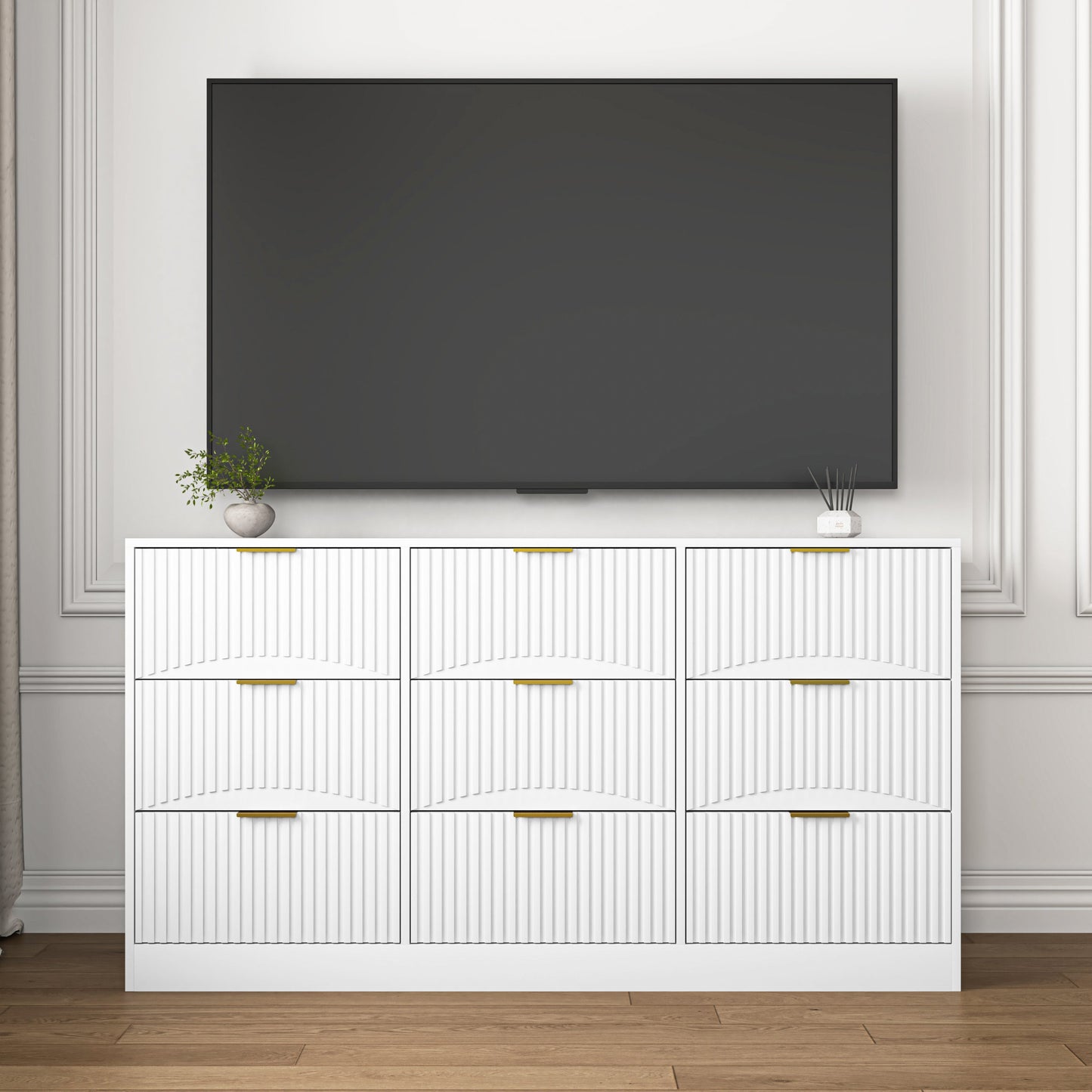 Dresser Classic 9-Drawer White Particle Board Gold Handles 63x15.74 In