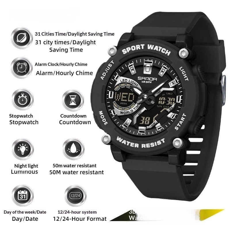 Students Dual-display Luminous Chronograph Watch For Hiking