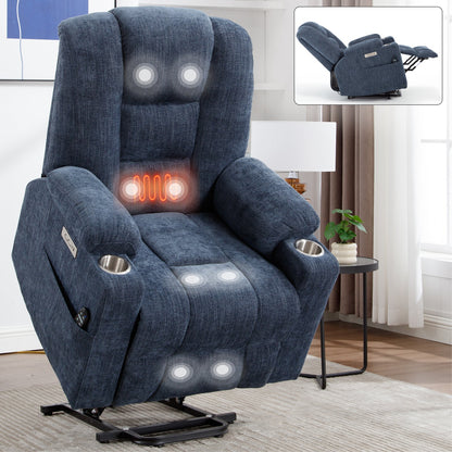 Lift Recliner Chair Power Chenille Blue Heat Massage USB Cup Holders 350 LB
