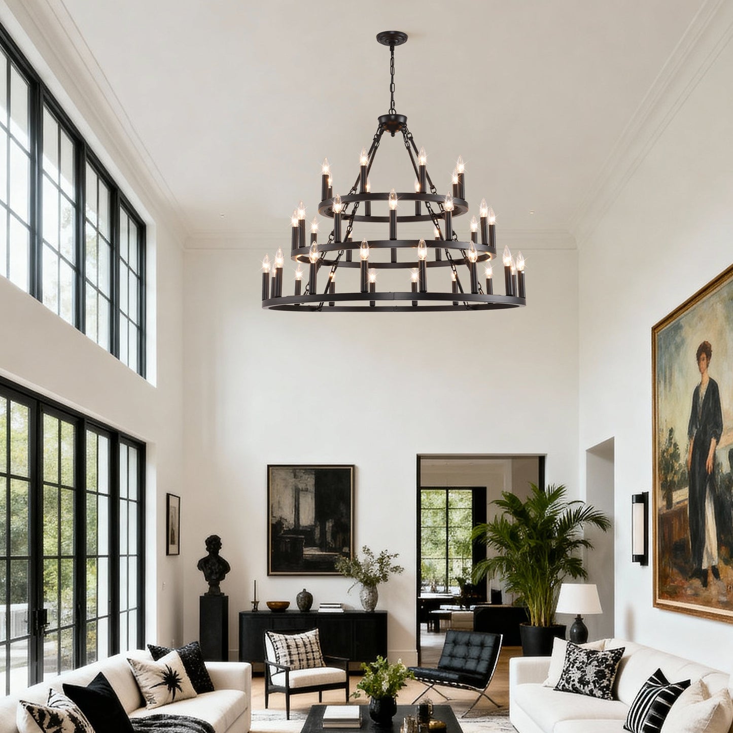 Chandelier Wagon Wheel 3-Tier 36-Light Black Metal 39.37 In Industrial