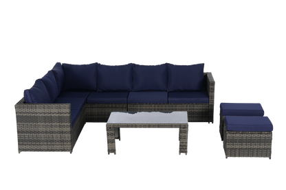 Outdoor Patio Rattan Set 6 Piece Seats 8 Dark Blue