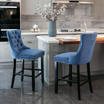 Contemporary Velvet Upholstered Barstools Button Tufted with Wooden Legs Set of 2, Blue